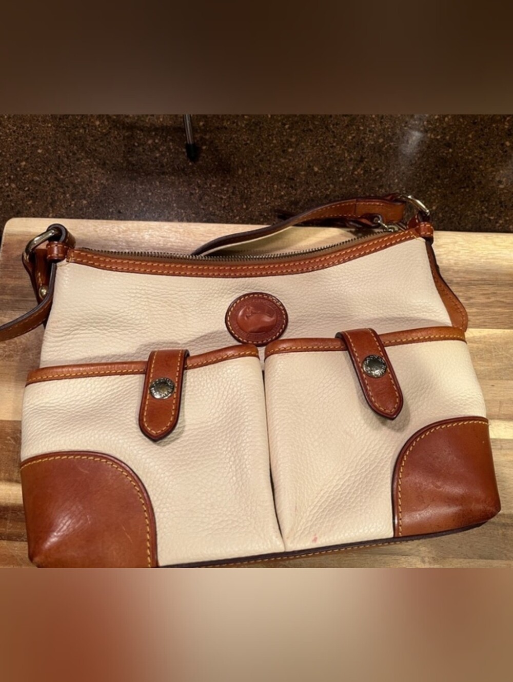 Dooney & Bourke All Weather Classic Cream and Brown Leather Trim Shoulder Bag